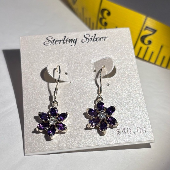 Sterling Silver Cubic Zirconia & Amethyst Flower Pierced Earrings NWT - Picture 7 of 7